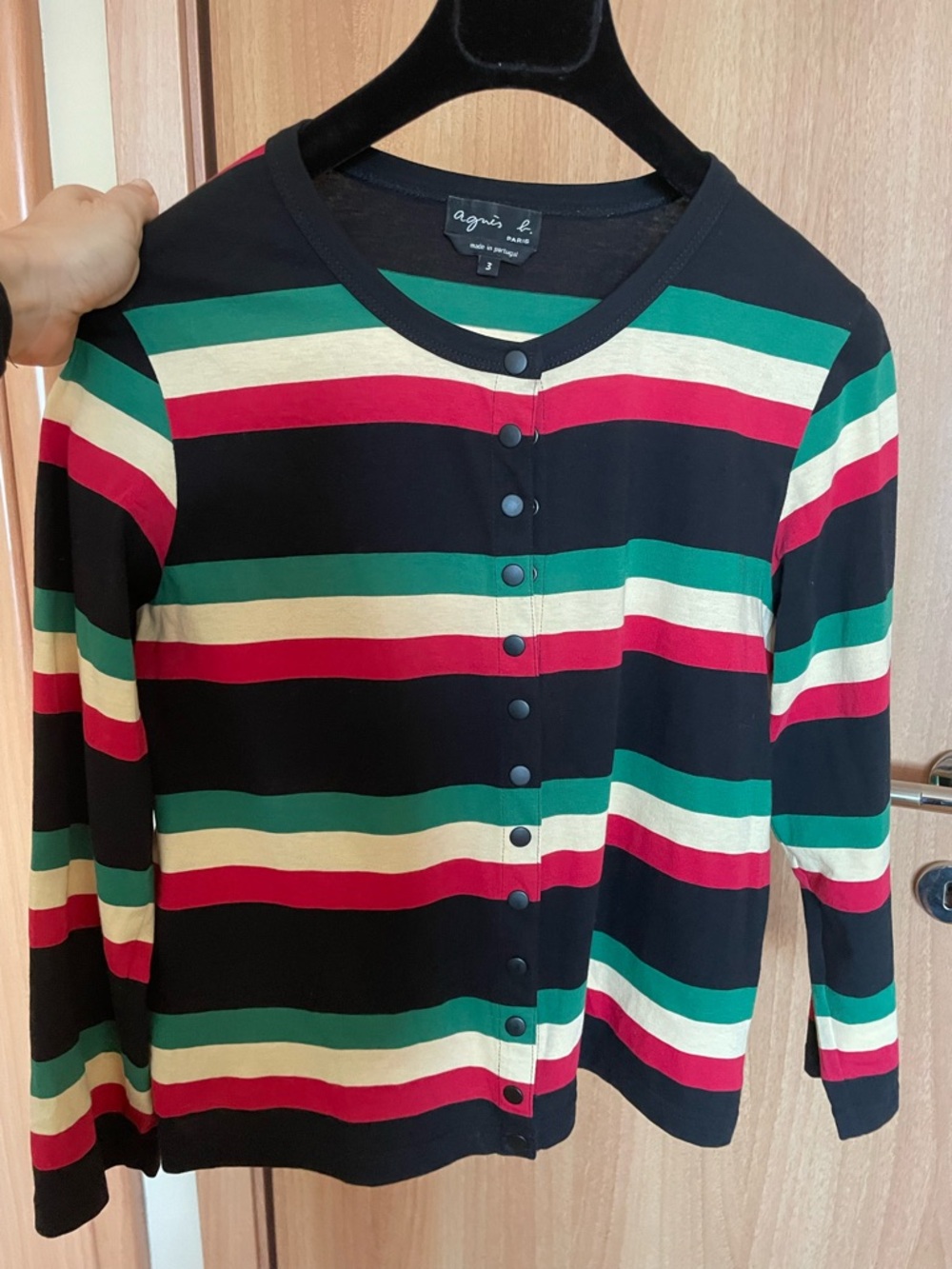 Agnes B. Striped Long Sleeve Cardigan in Black, Green, Red, Cream - size 3 - Picture 3 of 5